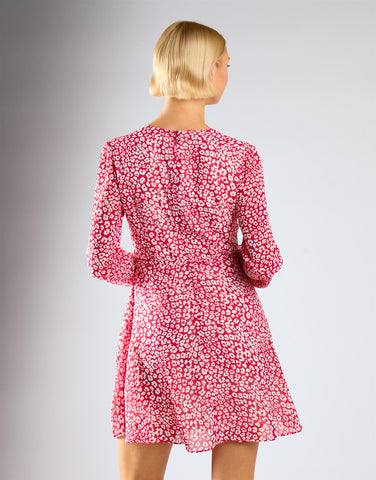 Red Leopard Chiffon V-Neck Tie Waist Mini Dress