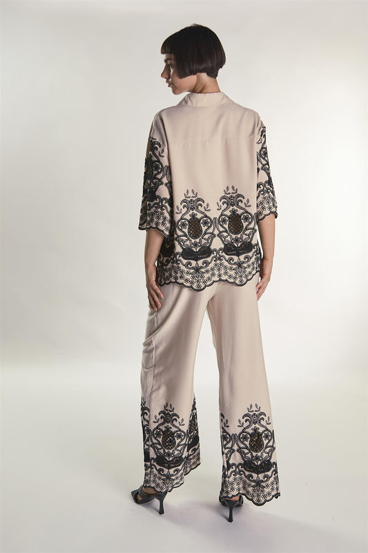 Stone Black Border Tie Waist Floaty Trousers