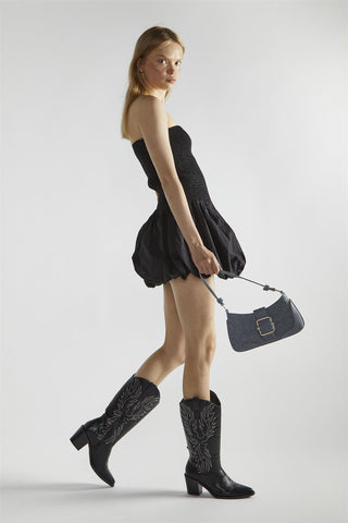 Black Bandeau Shirred Mini-Dress