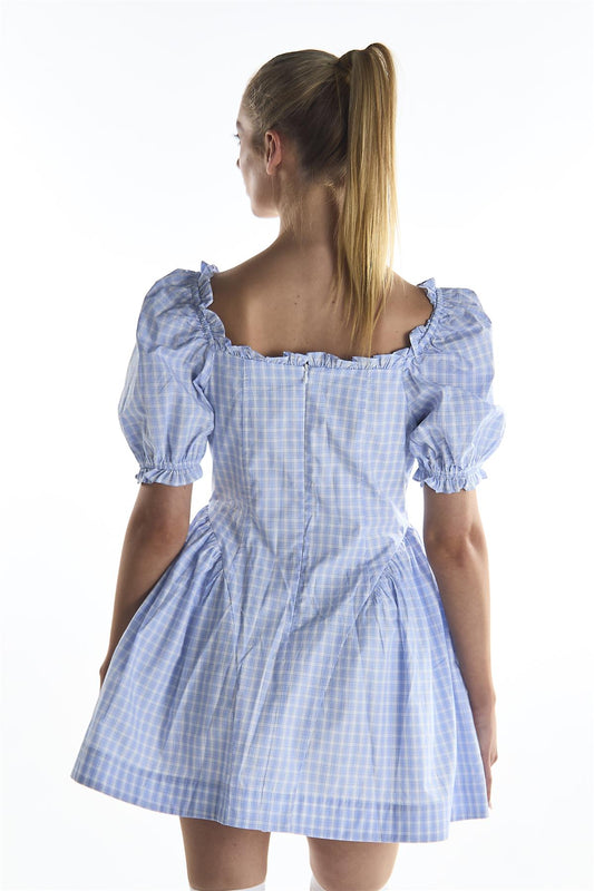 Blue Grid Check Puff Sleeve Mini Dress