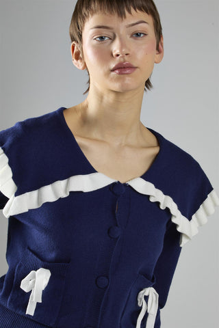 Navy-White Collared Cardigan