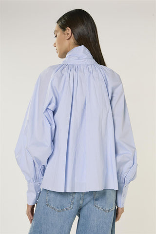 Blue Micro Check Raglan Volume Sleeve Blouse