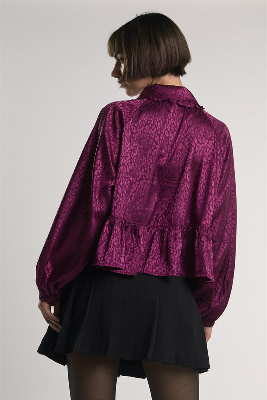 Plum-Leopard-Jacquard Long Puff Sleeve-Top