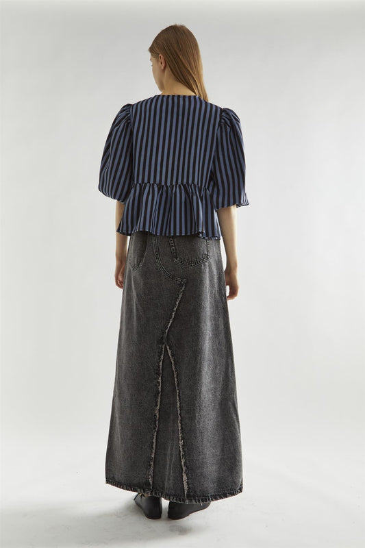 Blue-Black Stripe Tie-Front Top