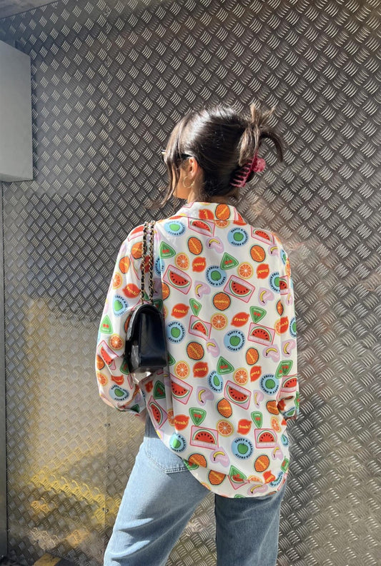 Multi-Fruit-Stickers Collared Long-Sleeve-Top