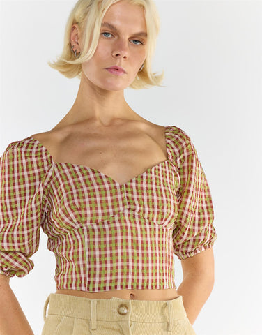 Sweetheart short sleeve Crop Top in Red Green Multi Check