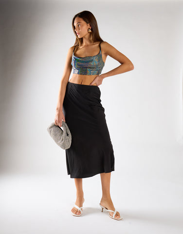 Black Satin Midi Skirt