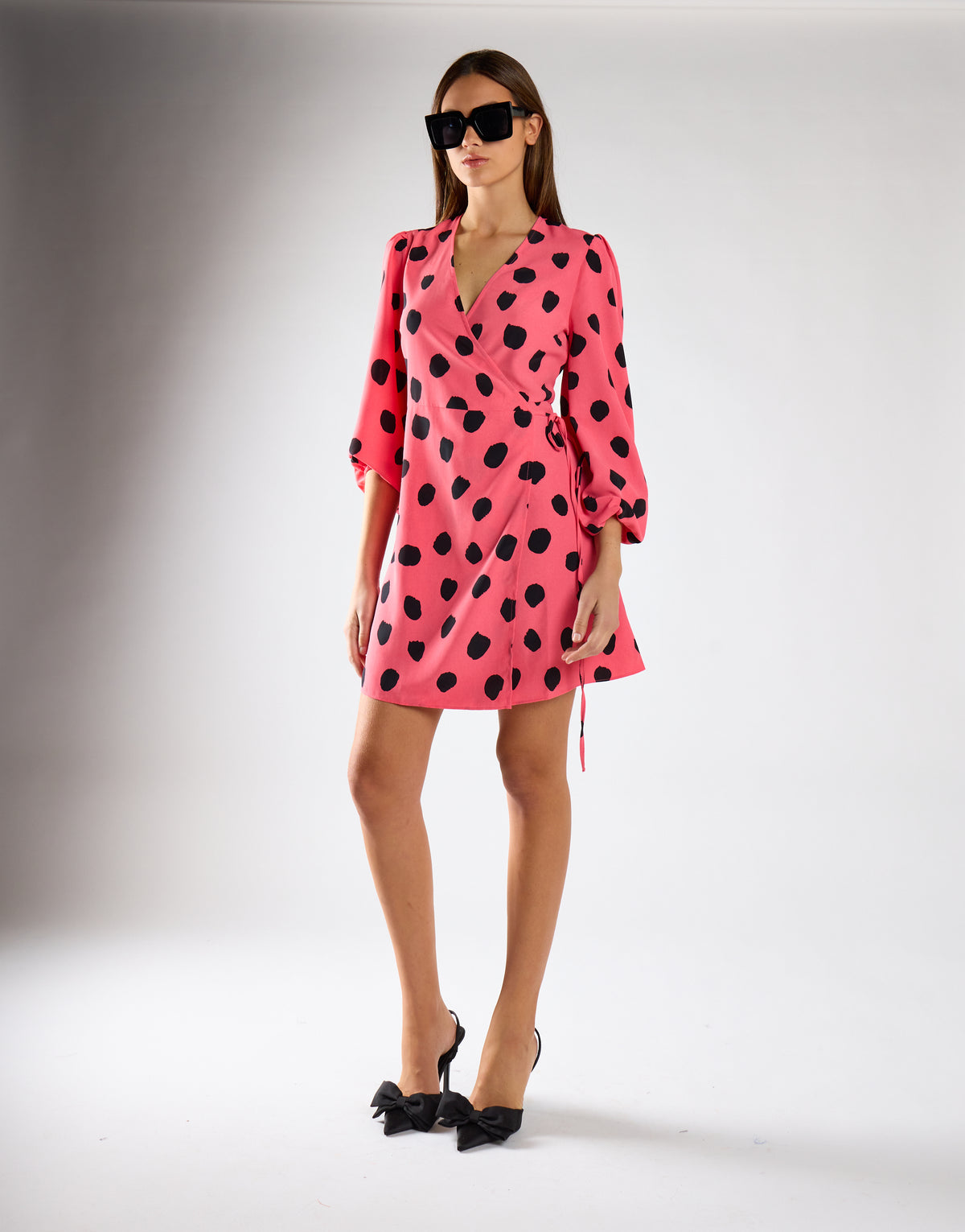 Pink Black Messy Spot V-Neck Mini Dress