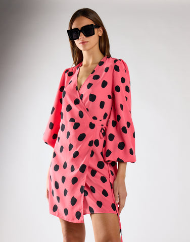Pink Black Messy Spot V-Neck Mini Dress