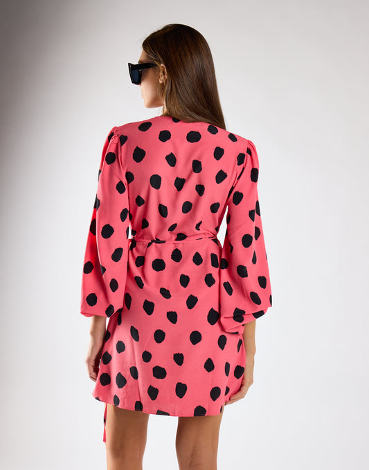 Pink Black Messy Spot V-Neck Mini Dress