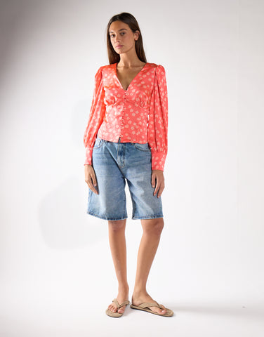Coral Pink Daisy Long-Sleeve Top