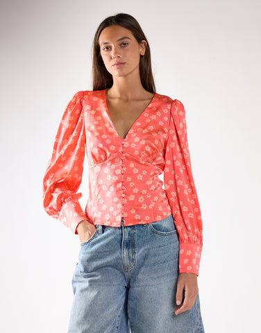 Coral Pink Daisy Long-Sleeve Top