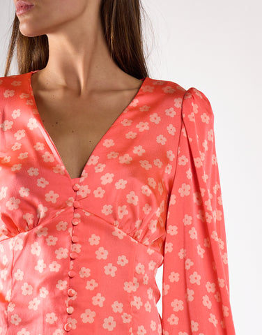 Coral Pink Daisy Long-Sleeve Top