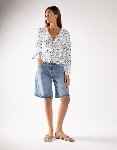 Glamorous White Black Splodge Print V-Neck Long Sleeved Top