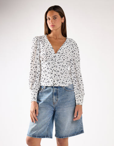 Glamorous White Black Splodge Print V-Neck Long Sleeved Top