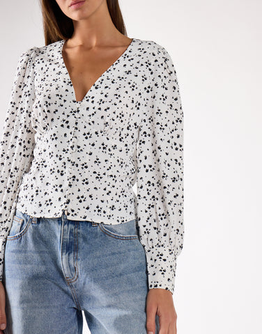 Glamorous White Black Splodge Print V-Neck Long Sleeved Top