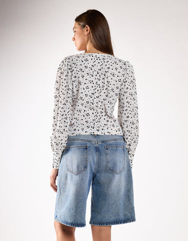 Glamorous White Black Splodge Print V-Neck Long Sleeved Top