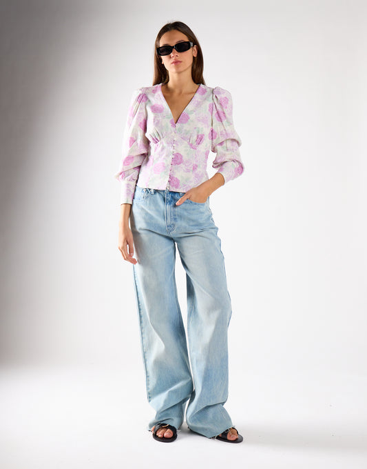 Glamorous Lilac Roses Button Front Long Sleeve Blouse