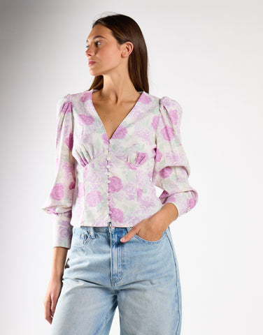 Glamorous Lilac Roses Button Front Long Sleeve Blouse