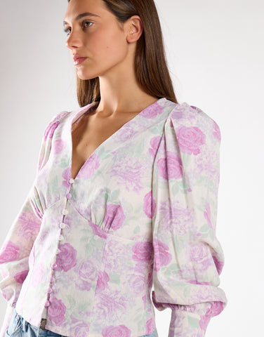 Glamorous Lilac Roses Button Front Long Sleeve Blouse