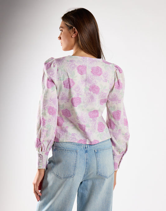 Glamorous Lilac Roses Button Front Long Sleeve Blouse
