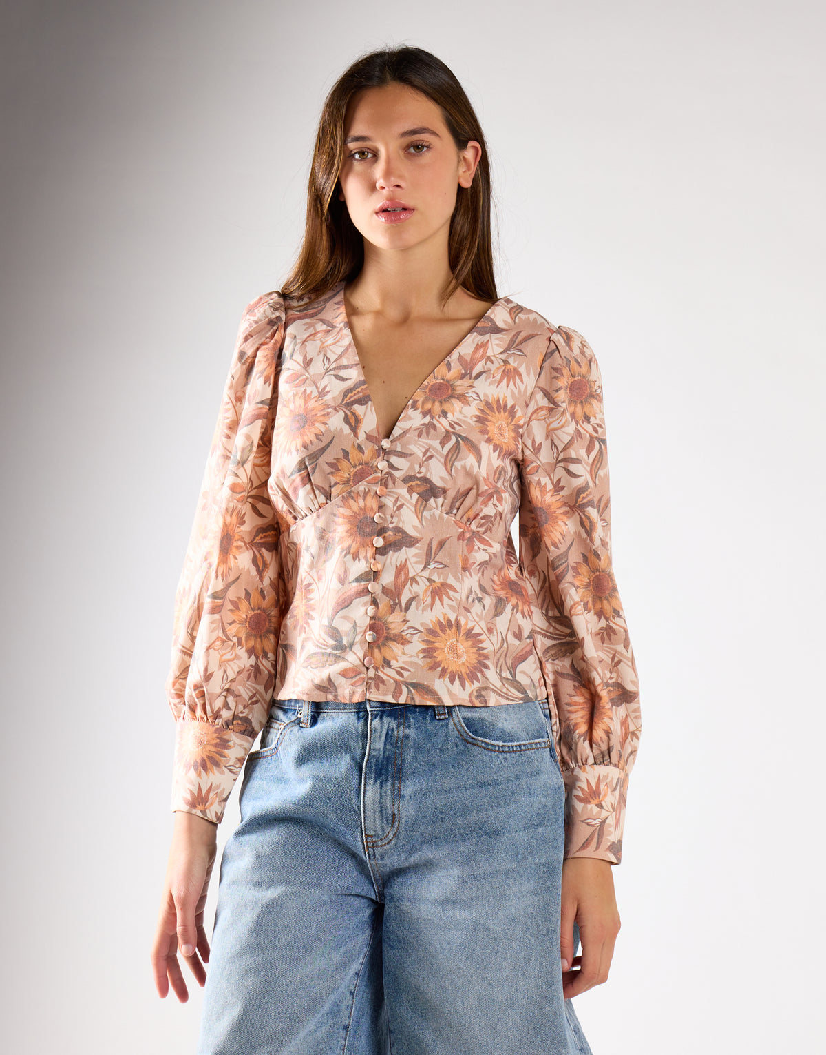 Multi-Sunflower V-Neck Button Up-Top