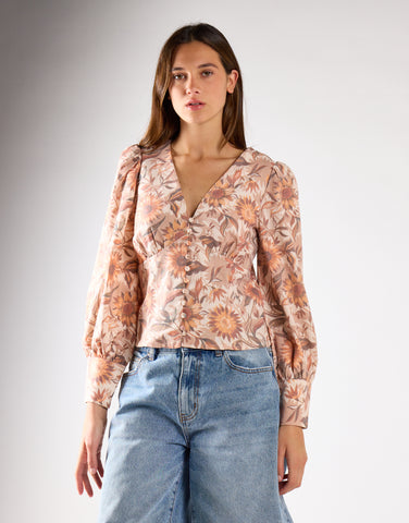 Multi-Sunflower V-Neck Button Up-Top