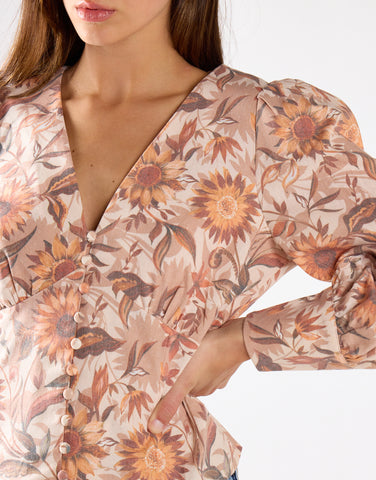 Multi-Sunflower V-Neck Button Up-Top