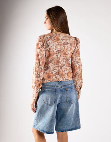 Multi-Sunflower V-Neck Button Up-Top