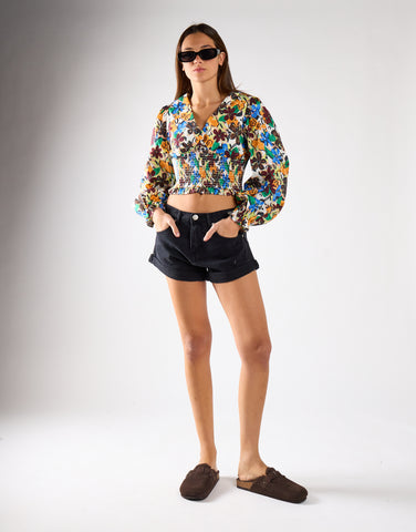Washed Black Button Denim Shorts