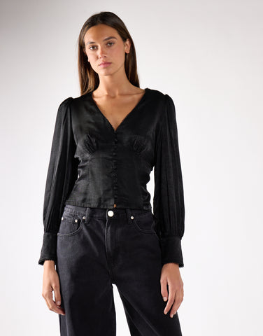 Black Sateen Long Sleeve Blouse