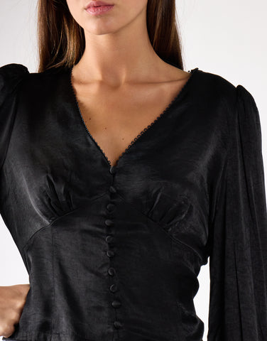Black Sateen Long Sleeve Blouse