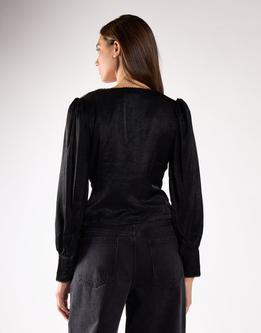 Black Sateen Long Sleeve Blouse