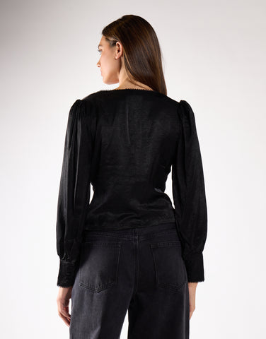 Black Sateen Long Sleeve Blouse