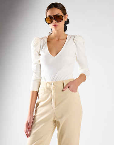 Off-White-Rib V-Neck Puff Shoulder Bodysuit