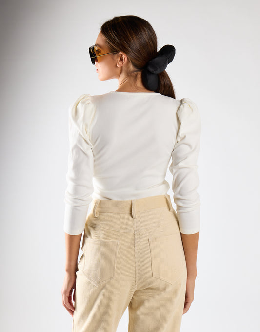 Off-White-Rib V-Neck Puff Shoulder Bodysuit