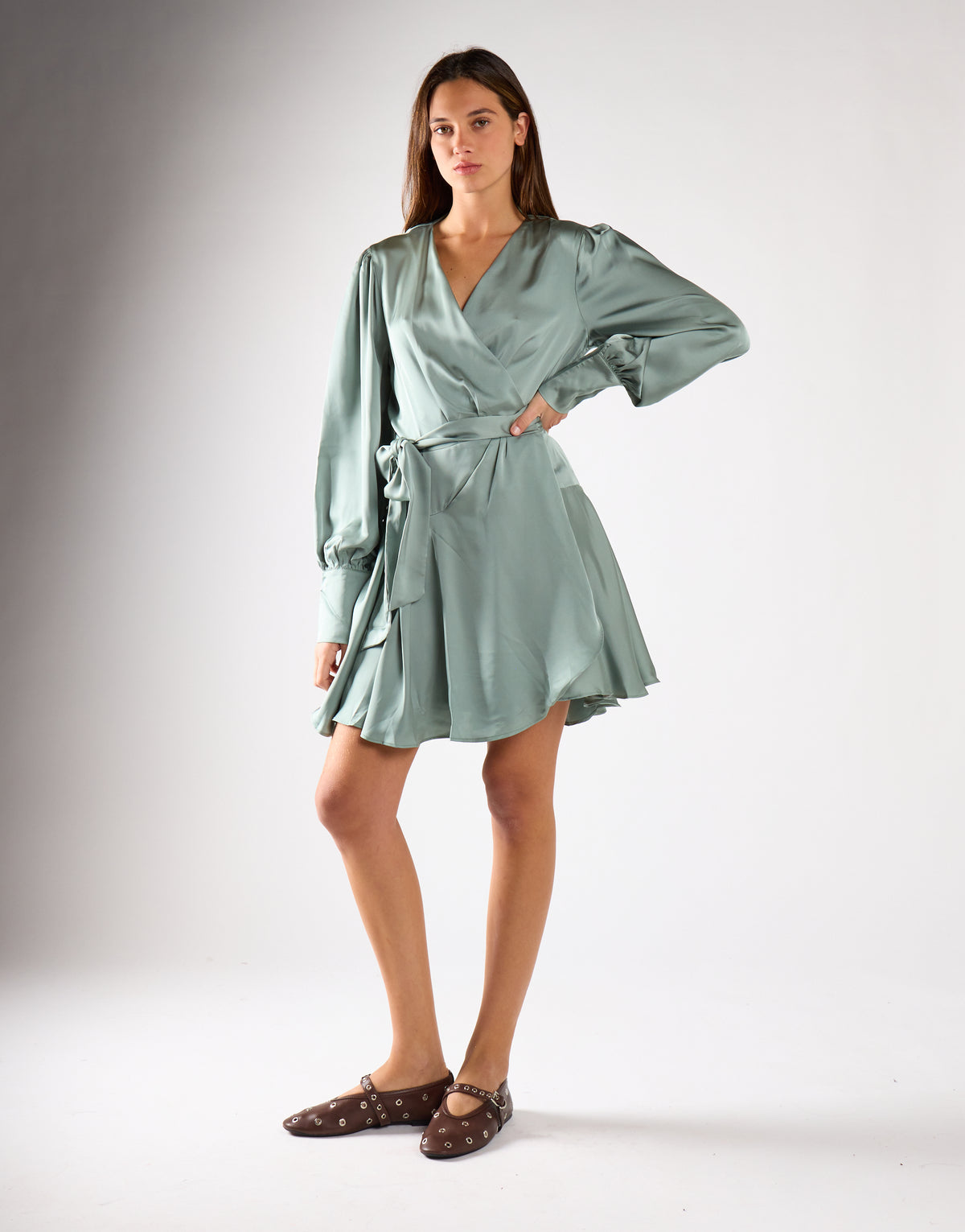 Dusty-Green Satin Wrap Mini-Dress