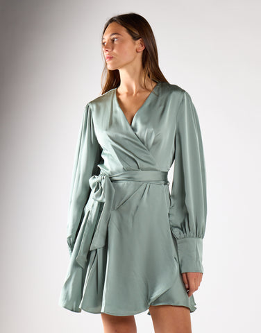 Dusty-Green Satin Wrap Mini-Dress