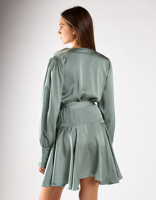 Dusty-Green Satin Wrap Mini-Dress