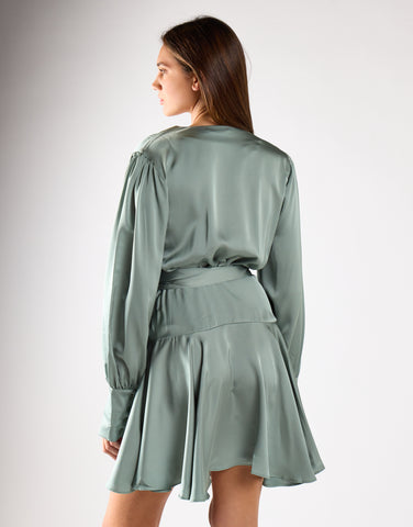 Dusty-Green Satin Wrap Mini-Dress