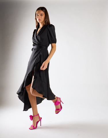 Black Sateen Crossover-Tie Mini Dress