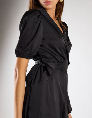 Black Sateen Crossover-Tie Mini Dress