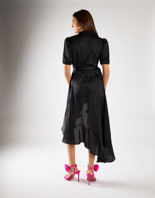 Black Sateen Crossover-Tie Mini Dress