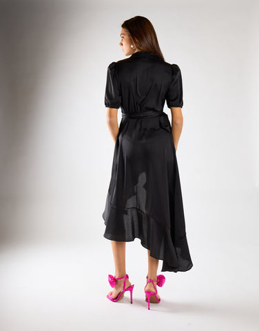 Black Sateen Crossover-Tie Mini Dress