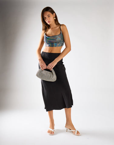 Silver Holographic Cowl Neck Crop Top