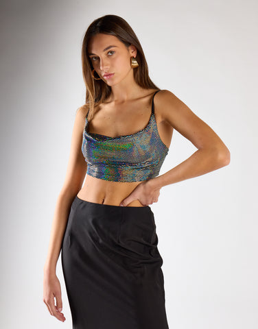 Silver Holographic Cowl Neck Crop Top