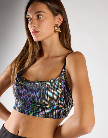Silver Holographic Cowl Neck Crop Top