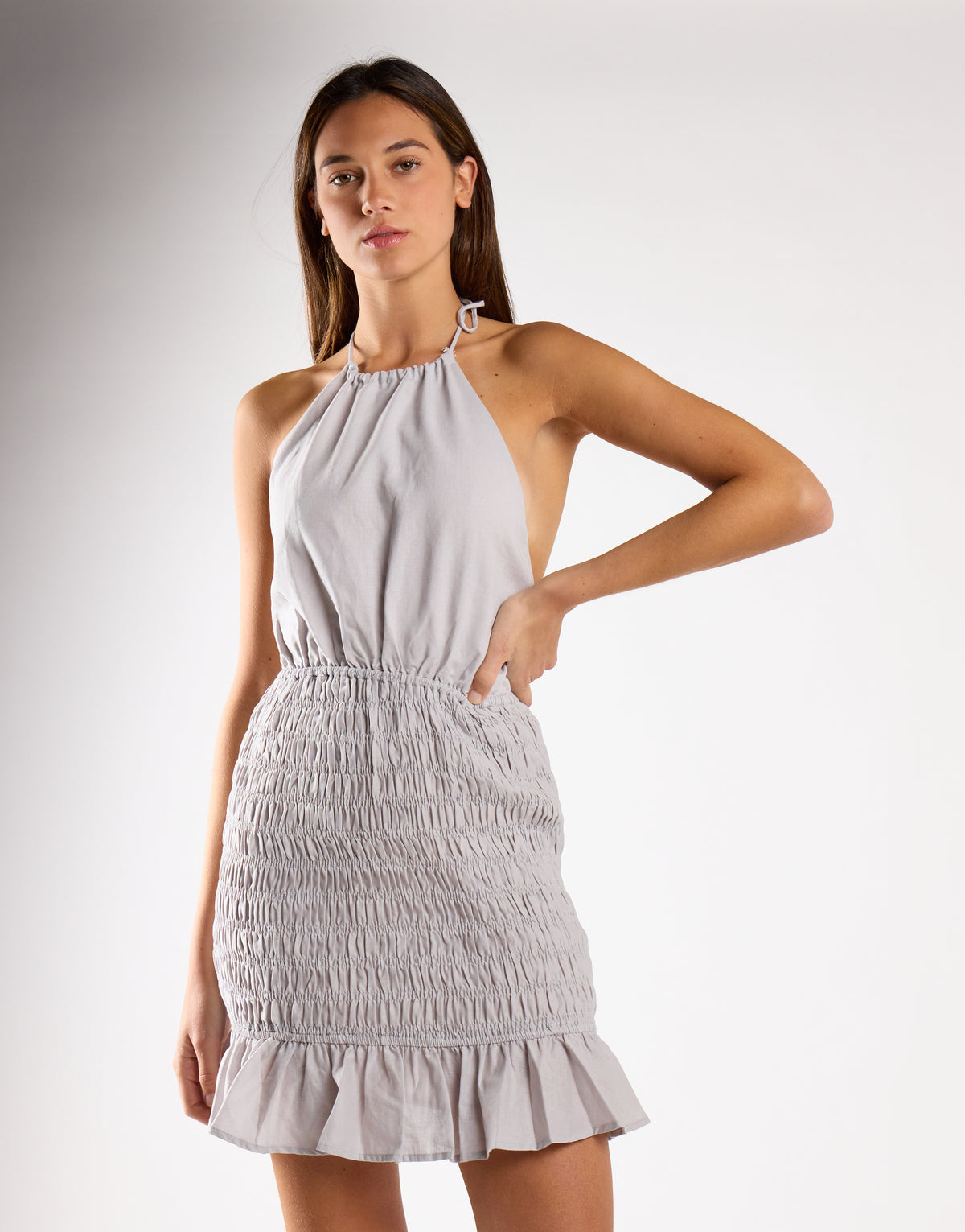 Light-Grey Halter-Neck Shirred Mini Dress
