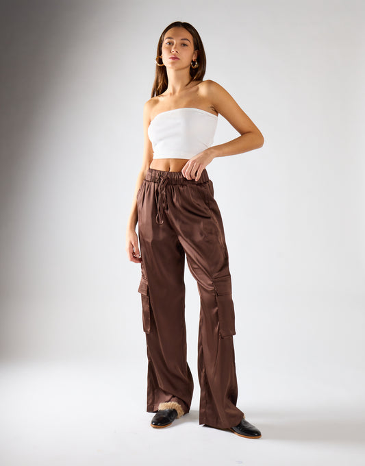 Brown Satin Cargo Trousers
