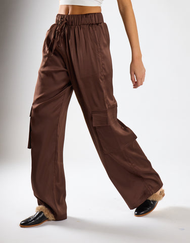 Brown Satin Cargo Trousers